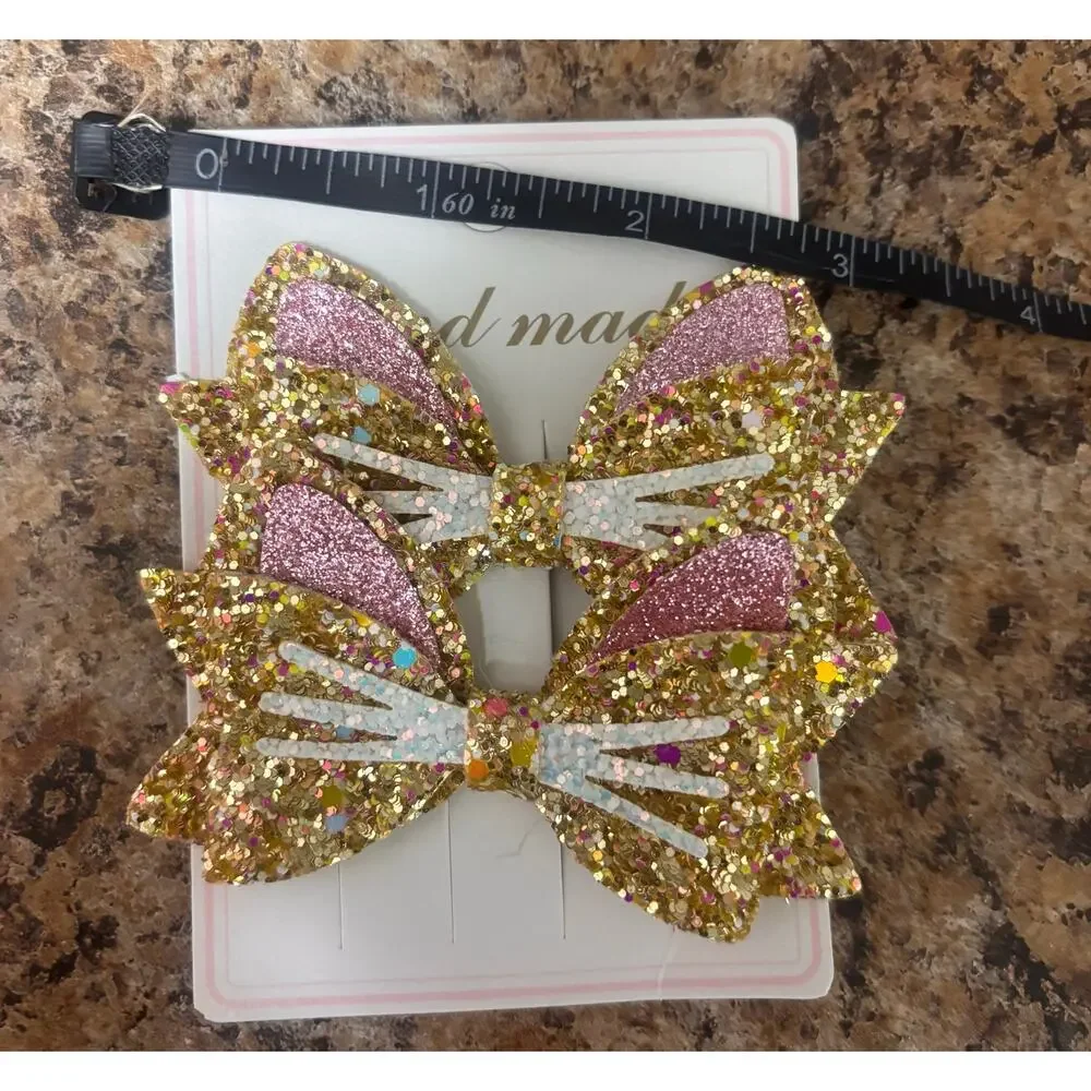 2-Pack Girls Glitter Cat Ear Hair Bows Gold Pink Sparkly Clips
